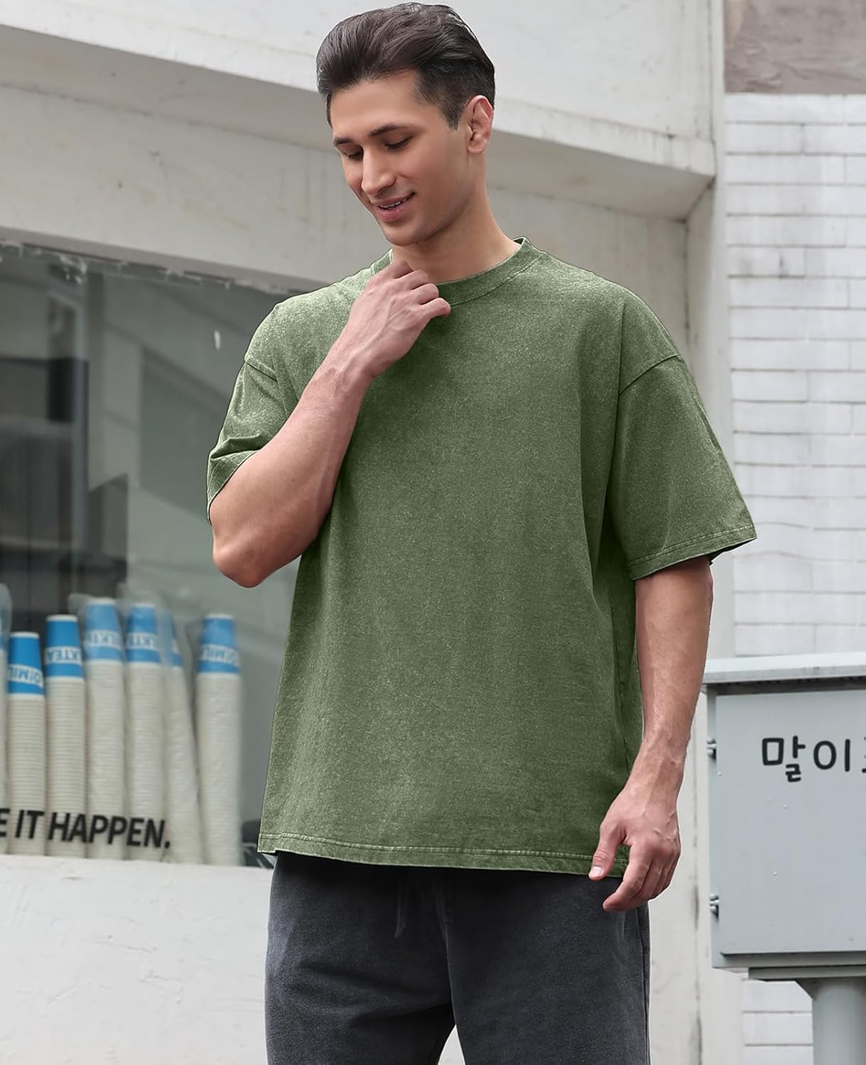 Men's Cotton T-Shirts Oversized Unisex Short Sleeves Casual Loose Wash Solid Basic Tee Top